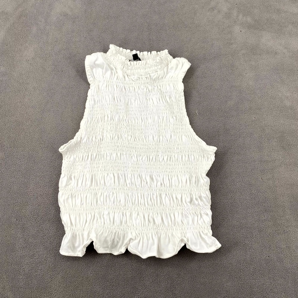 Lulus Rebekka Smocked Mock Neck Peplum Sleeveless Cropped Top Womens Large White